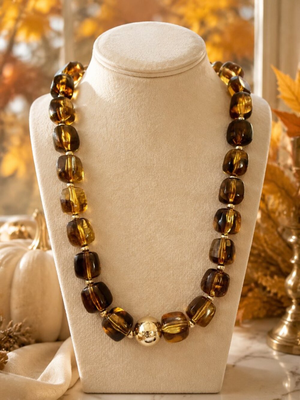 Tortoise Color Beaded Necklace, Chunky Statement Necklace, Gold Accent Necklace